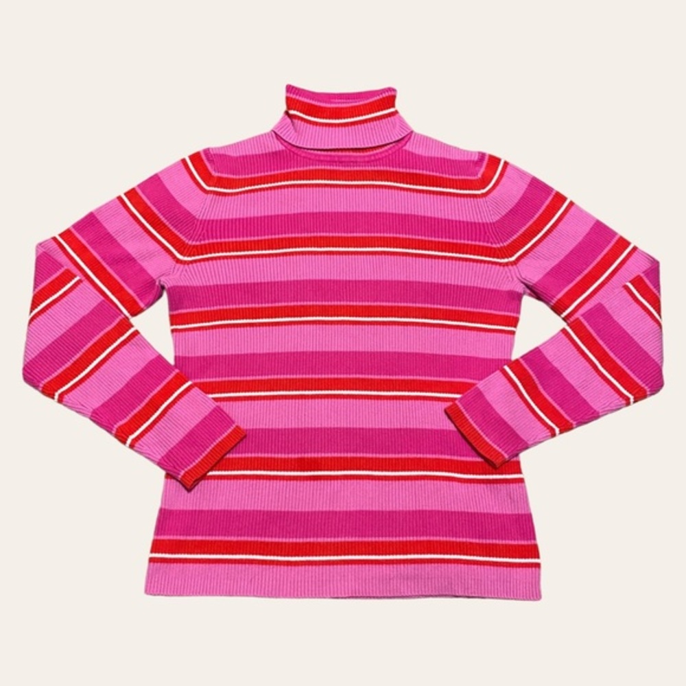 💞 Y2K Pink and Red Ribbed Knit Striped Turtleneck Sweater 💞